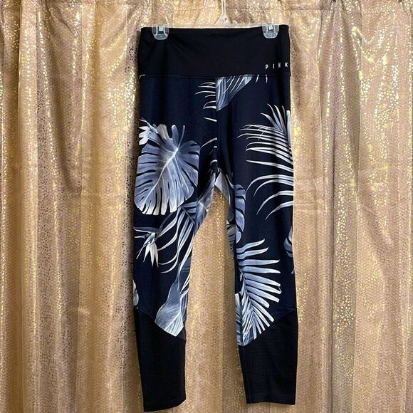 PINK Victoria’s Secret black/gray tropical palm leaf ultimate leggings, size L - Picture 1 of 8